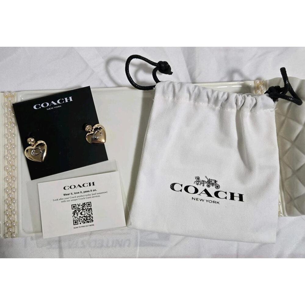 *SOLD* Coach Signature Heart Drop Earrings Gold Tone
